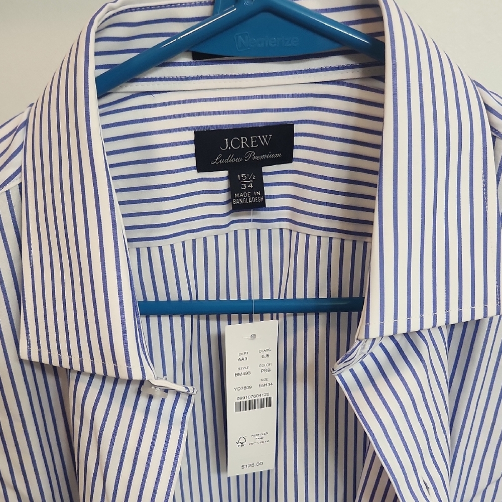 J. Crew Men's White and Blue Pinstripe Dress Shirt 15.5 - 34